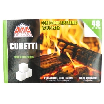 AMA DE CASA ACCENDI FUOCO IN CUBETTI FACILE ACCENSIONE PER BERBECUE, STUFE E CAMINI 48PZ