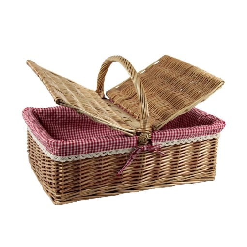 CESTINO DA PICNIC RETTANGOLARE IN VIMINI CON FODERA INTERNA IN TESSUTO ROSSO E BIANCO DIMENSIONI 49X34X18/32H CM