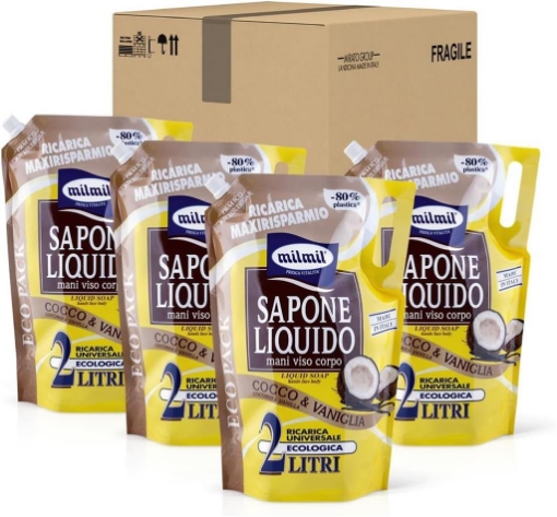 MILMIL 4 PZ SAPONE LIQUIDO MANI VISO E CORPO COCCO E VANIGLIA RICARICA UNIVERSALE ECOLOGICA 2 LITRI 