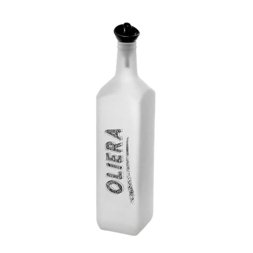 OLIERA IN VETRO SATINATO DA 1000 ML - 32 CM CON COMODO TAPPO DOSATORE E SCRITTA MODERNA 