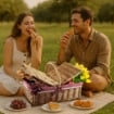 CESTINO DA PICNIC RETTANGOLARE IN VIMINI CON FODERA INTERNA IN TESSUTO ROSSO E BIANCO DIMENSIONI 49X34X18/32H CM