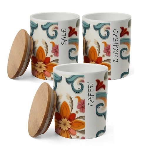 SET 3 BARATTOLI IN CERAMICA TONDI CON TAPPO ERMETICO IN LEGNO "CAFFÈ" "ZUCCHERO" "SALE" 10 X 13 CM