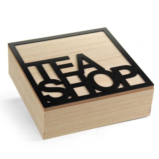 CONTENITORE PORTA TISANE, TÈ- SCATOLA IN LEGNO STILE ELEGANTE, LEGNO NATURALE, "TEA SHOP" 18 X 18 X 7H CM