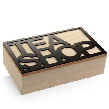 CONTENITORE PORTA TISANE, TÈ - SCATOLA IN LEGNO STILE ELEGANTE, LEGNO NATURALE, "TEA SHOP" 22 X 13 X 7H CM