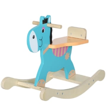 CAVALLO A DONDOLO A FORMA DI ASINO PER BAMBINI CON BASE LARGA, IN LEGNO, 59X27X43 CM, VERDE SCURO E ARANCIONE