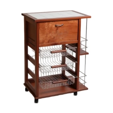 CARRELLO VESUVIO PORTAPANE+PORTABOTTIGLIE CILIEGIO BASE INFERIORE MULTISTRATO DI BETULLA 1 CASSETTO 3 CESTELLI PIANO MATTONELLE IN CERAMICA