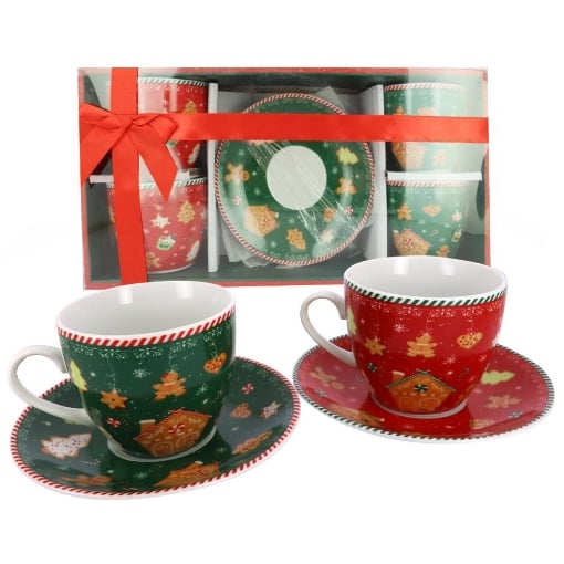 MA MAISON SET 4 TAZZE 210 CC CON PIATTINO STILE COOKIES ROSSE E VERDI IDEA REGALO 