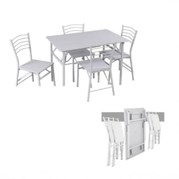 SET EASY CON TAVOLO E 4 SEDIE PIEGHEVOLI COLORE BIANCO, STRUTTURA IN METALLO E SEDUTA IN LEGNO 