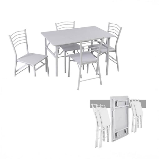 SET EASY CON TAVOLO E 4 SEDIE PIEGHEVOLI COLORE BIANCO, STRUTTURA IN METALLO E SEDUTA IN LEGNO 
