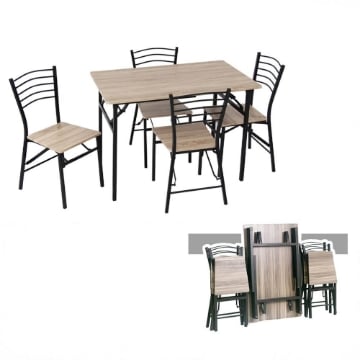 SET ZOY CON TAVOLO E 4 SEDIE PIEGHEVOLI COLORE NERO E ROVERE, STRUTTURA IN METALLO E SEDUTA IN LEGNO 