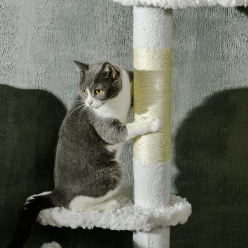 ALBERO PER GATTI A SOFFITTO CON ALTEZZA REGOLABILE E PALI TIRAGRAFFI IN COTONE 48X32X225-255 CM BIANCO