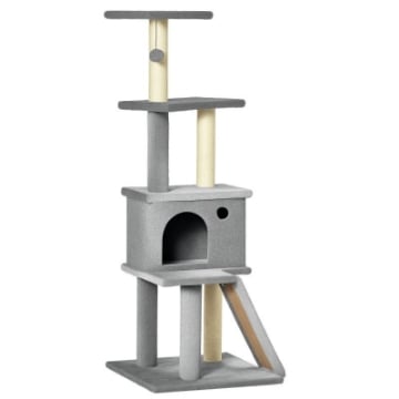 ALBERO TIRAGRAFFI MULTILIVELLO CON CASETTA, SCALA, PALLINA E PALI IN SISAL, 48X48X125 CM, GRIGIO
