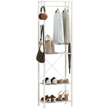 APPENDIABITI CON SCARPIERA A 2 LIVELLI, BARRA APPENDI ABITI, 4 GANCI, MENSOLA SUPERIORE, 52X30X180 CM, BIANCO