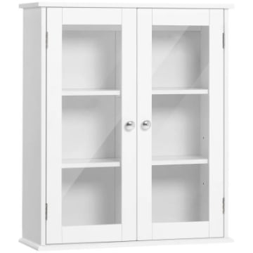 ARMADIETTO PENSILE BAGNO A 2 ANTE IN LEGNO E VETRO CON RIPIANO REGOLABILE, 55X20X65 CM, BIANCO