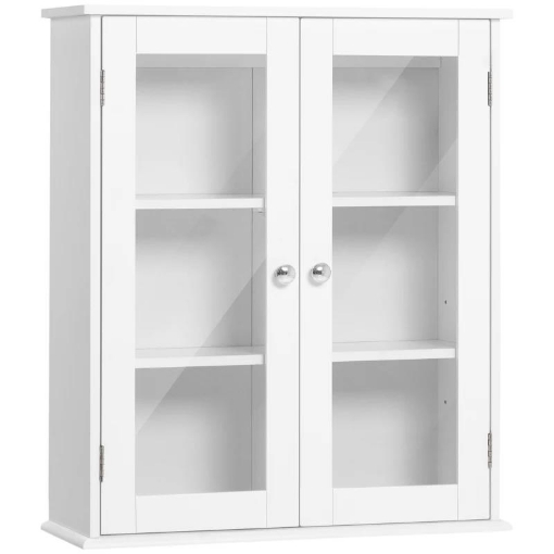 ARMADIETTO PENSILE BAGNO A 2 ANTE IN LEGNO E VETRO CON RIPIANO REGOLABILE, 55X20X65 CM, BIANCO