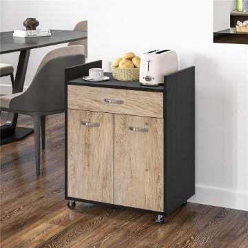 CARRELLO DA CUCINA CON CASSETTO, ARMADIETTO E 4 RUOTE IN LEGNO, 60X40X77CM, NERO