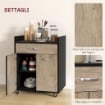 CARRELLO DA CUCINA CON CASSETTO, ARMADIETTO E 4 RUOTE IN LEGNO, 60X40X77CM, NERO