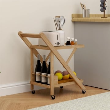 CARRELLO DA CUCINA PORTAVIVANDE PIEGHEVOLE A 2 LIVELLI CON PORTABOTTIGLIE IN LEGNO DI BAMBOO