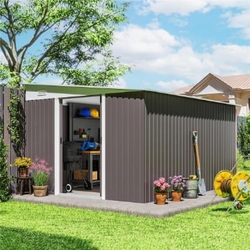 CASETTA DA GIARDINO CON PORTA SCORREVOLE IN ACCIAIO 345X280.5X169-201 CM GRIGIO