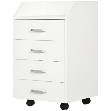 CASSETTIERA DA UFFICIO IN LEGNO CON 4 CASSETTI, RUOTE E BORDI RIALZATI, 40X36X65CM, BIANCO