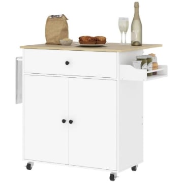 ISOLA PER CUCINA CON CASSETTO, ARMADIETTO, PORTASPEZIE E PORTASCIUGAMANI, 106X42X87 CM, BIANCO E ROVERE