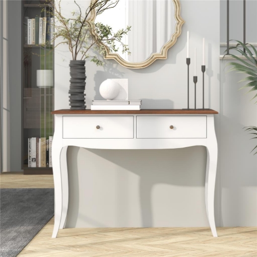 TAVOLO CONSOLLE MODERNO CON 2 CASSETTI IN LEGNO, 100X35X76.5 CM, BIANCO E MARRONE SCURO