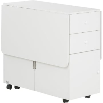 TAVOLO DA CUCINA A RIBALTA CON 2 CASSETTI E ARMADIETTO AD ANTE, IN TRUCIOLATO, 120X80X75 CM, BIANCO