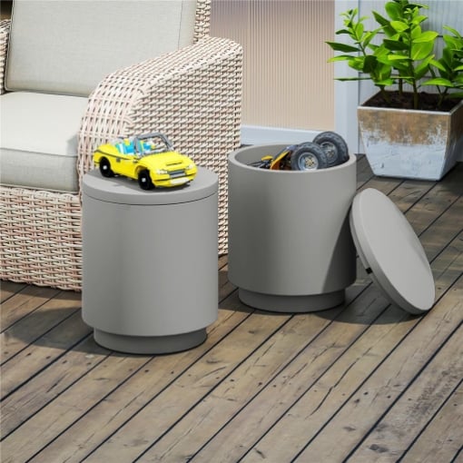 TAVOLINO MULTIUSO CON SECCHIELLO GHIACCIO E COPERCHIO IN CEMENTO E ACCIAIO INOX Ø 37.5X43.5 CM GRIGIO CHIARO