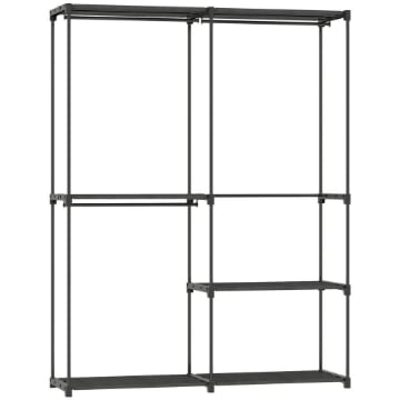 ARMADIO GUARDAROBA CON 2 ASTE E 4 RIPIANI, IN TESSUTO NON TESSUTO, PLASTICA E ACCIAIO, 142X43X185 CM, NERO
