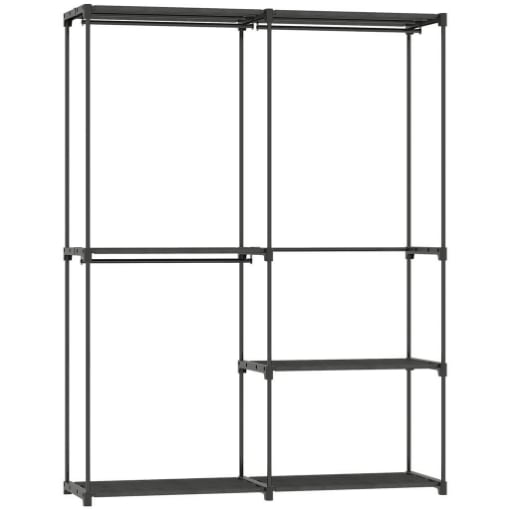 ARMADIO GUARDAROBA CON 2 ASTE E 4 RIPIANI, IN TESSUTO NON TESSUTO, PLASTICA E ACCIAIO, 142X43X185 CM, NERO