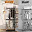 ARMADIO GUARDAROBA CON 2 ASTE E 4 RIPIANI, IN TESSUTO NON TESSUTO, PLASTICA E ACCIAIO, 142X43X185 CM, NERO