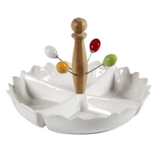 ANTIPASTIERA BIANCA BASE CON MANICO IN LEGNO E 4 STUZZICHINI 25 X 17 CM 