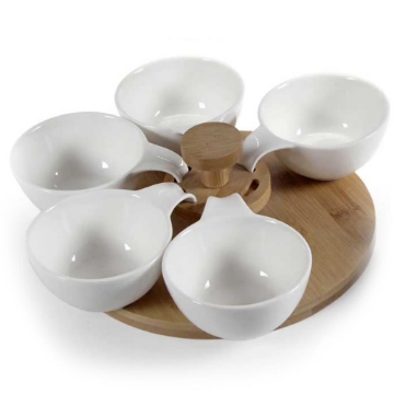 ANTIPASTIERA BIANCA CON 6 CIOTOLINE SUPPORTO IN LEGNO 33 X 9 CM