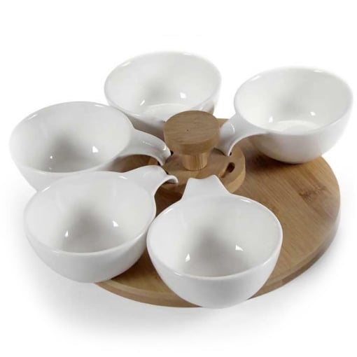 ANTIPASTIERA BIANCA CON 6 CIOTOLINE SUPPORTO IN LEGNO 33 X 9 CM