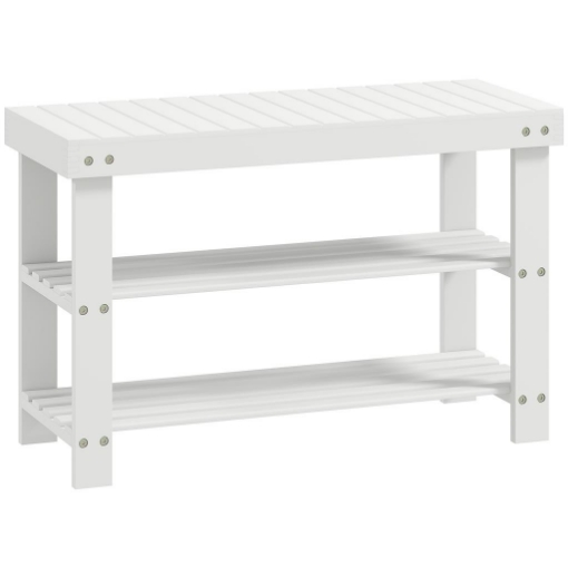 PANCA SCARPIERA BASSA IN BAMBÙ CON 2 RIPIANI A DOGHE E SEDUTA, 70X28X45 CM, BIANCO
