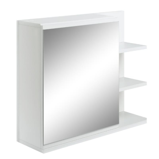 SPECCHIERA BAGNO A PARETE CON ANTA E 3 RIPIANI LATERALI IN LEGNO, 60X18X50CM, BIANCO