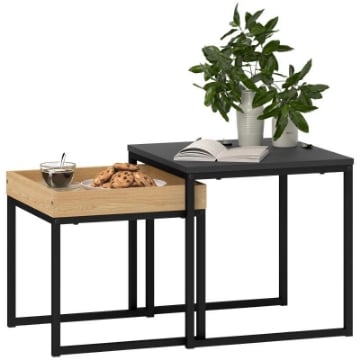 SET 2 TAVOLINI DA CAFFÞ MODERNI CON GAMBE A U, IN LEGNO E ACCIAIO, 45X45X45 CM E 40X40X40 CM, NERO