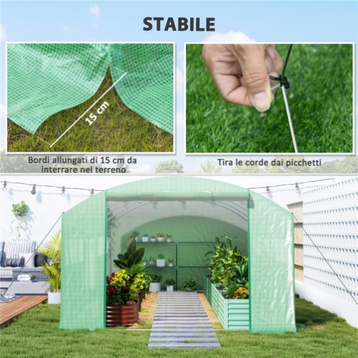 SERRA A TUNNEL CON 3 PORTE AVVOLGIBILI E 6 FINESTRELLE, IN ACCIAIO ZINCATO E PE, 6X3X2 M, VERDE