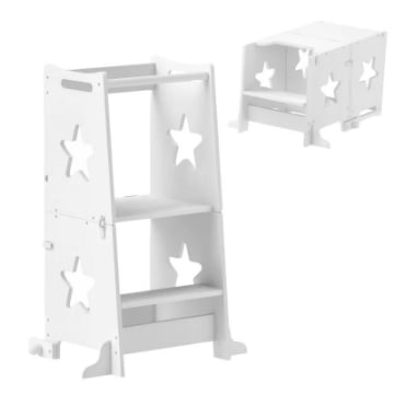 SCALA MONTESSORI CONVERTIBILE IN SET TAVOLO E SEDIE CON BARRA DI SICUREZZA, IN LEGNO, 60X44.5X86 CM, BIANCO