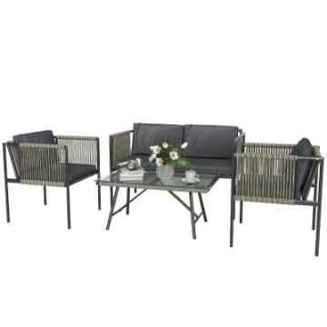 SET SALOTTO DA GIARDINO IN RATTAN CON 2 POLTRONE DIVANETTO 2 POSTI E TAVOLINO DA CAFFÈ IN VETRO GRIGIO