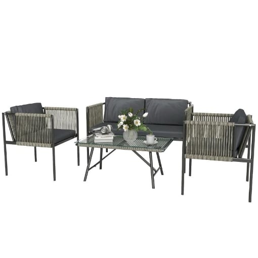 SET SALOTTO DA GIARDINO IN RATTAN CON 2 POLTRONE DIVANETTO 2 POSTI E TAVOLINO DA CAFFÈ IN VETRO GRIGIO