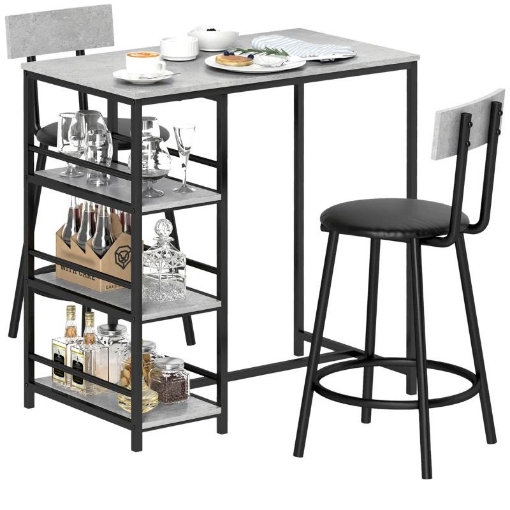 SET DA PRANZO 3 PEZZI CON BANCONE BAR CON RIPIANI E 2 SEDIE ALTE CON SCHIENALE GRIGIO CHIARO
