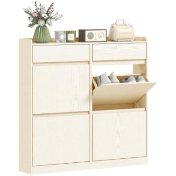 SCARPIERA SLIM IN LEGNO CON 4 CASSETTI A RIBALTA E 2 CASSETTI SCORREVOLI, 98X19.2X95.3 CM, BIANCO