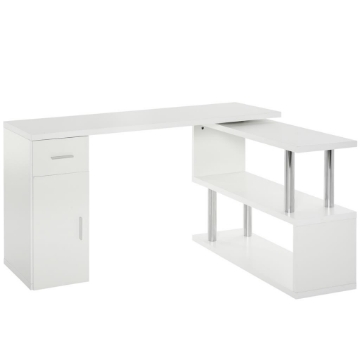 SCRIVANIA ANGOLARE MODERNA IN LEGNO BIANCO CON CASSETTO ARMADIETTO E MENSOLE