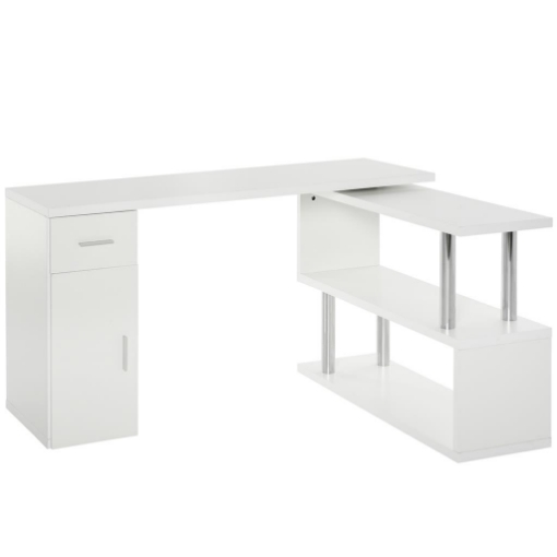 SCRIVANIA ANGOLARE MODERNA IN LEGNO BIANCO CON CASSETTO ARMADIETTO E MENSOLE