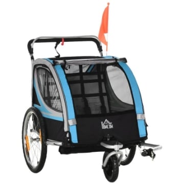 RIMORCHIO BICI PER BAMBINI E PASSEGGINO 2 IN 1 CON CINTURA TASCHE E BANDIERINA BLU