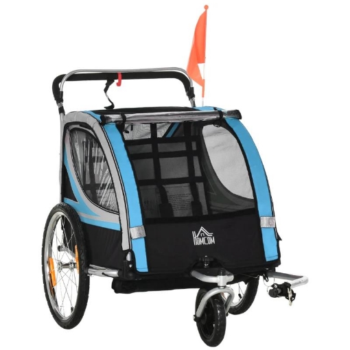 RIMORCHIO BICI PER BAMBINI E PASSEGGINO 2 IN 1 CON CINTURA TASCHE E BANDIERINA BLU