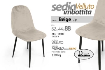 SEDIA BEIGE IMBOTTITA IN VELLUTO STRUTTURA IN METALLO GAMBE NERE PORTATA MASSIMA 130 KG ELEGANTE E D'ARREDO 52X44X88 CM