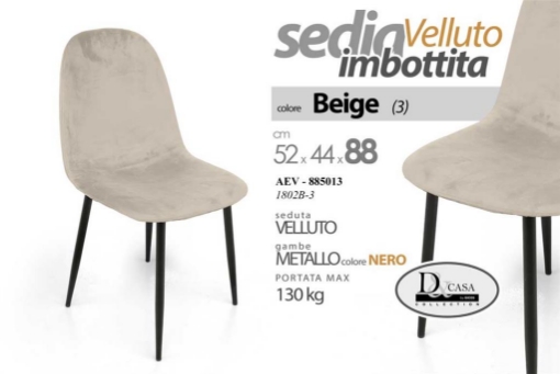 SEDIA BEIGE IMBOTTITA IN VELLUTO STRUTTURA IN METALLO GAMBE NERE PORTATA MASSIMA 130 KG ELEGANTE E D'ARREDO 52X44X88 CM