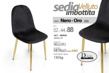 SEDIA IMBOTTITA IN VELLUTO NERO STRUTTURA IN METALLO GAMBE ORO 52X44X88 CM PORTATA MASSIMA 130 KG ELEGANTE E D'ARREDO 